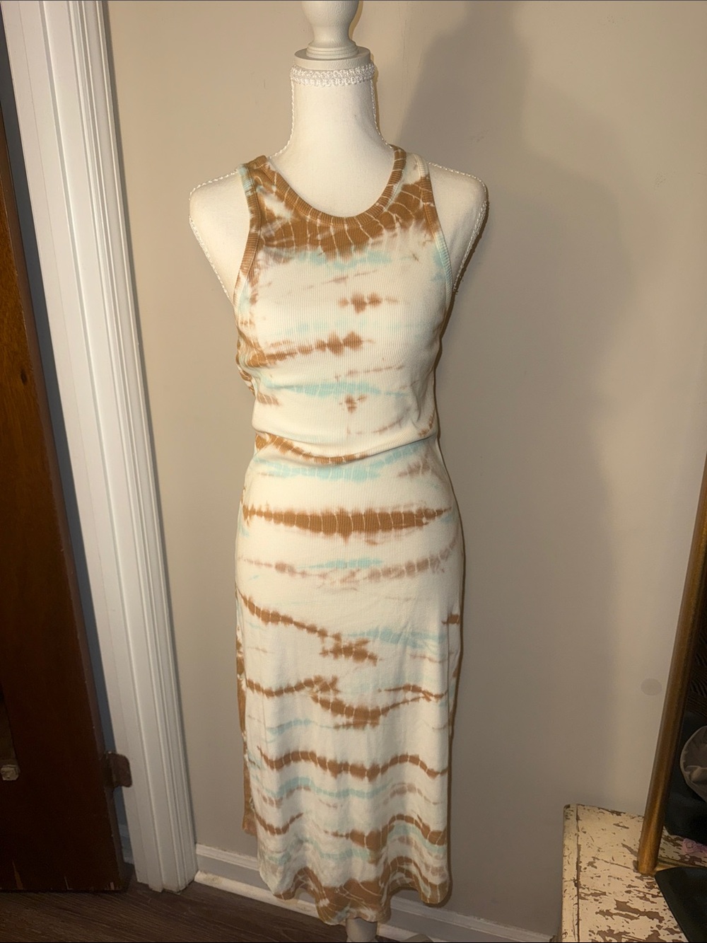 YFB Sleeveless Tie-Dye Ribbed Midi Dress in Brown and Light Blue